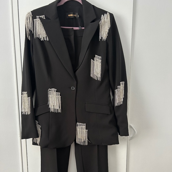 Fashion Nova Pants - Black Fashion Nova Pants Suit with Rhinestone Fringe Trim Sz. M NWT